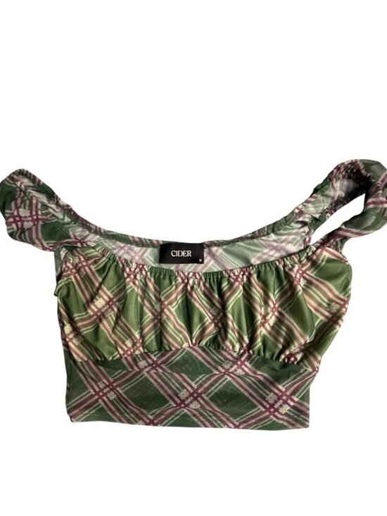 Tops - Green Pink Plaid Ruched Crop Top Cap Sleeve Mesh Stretch Small